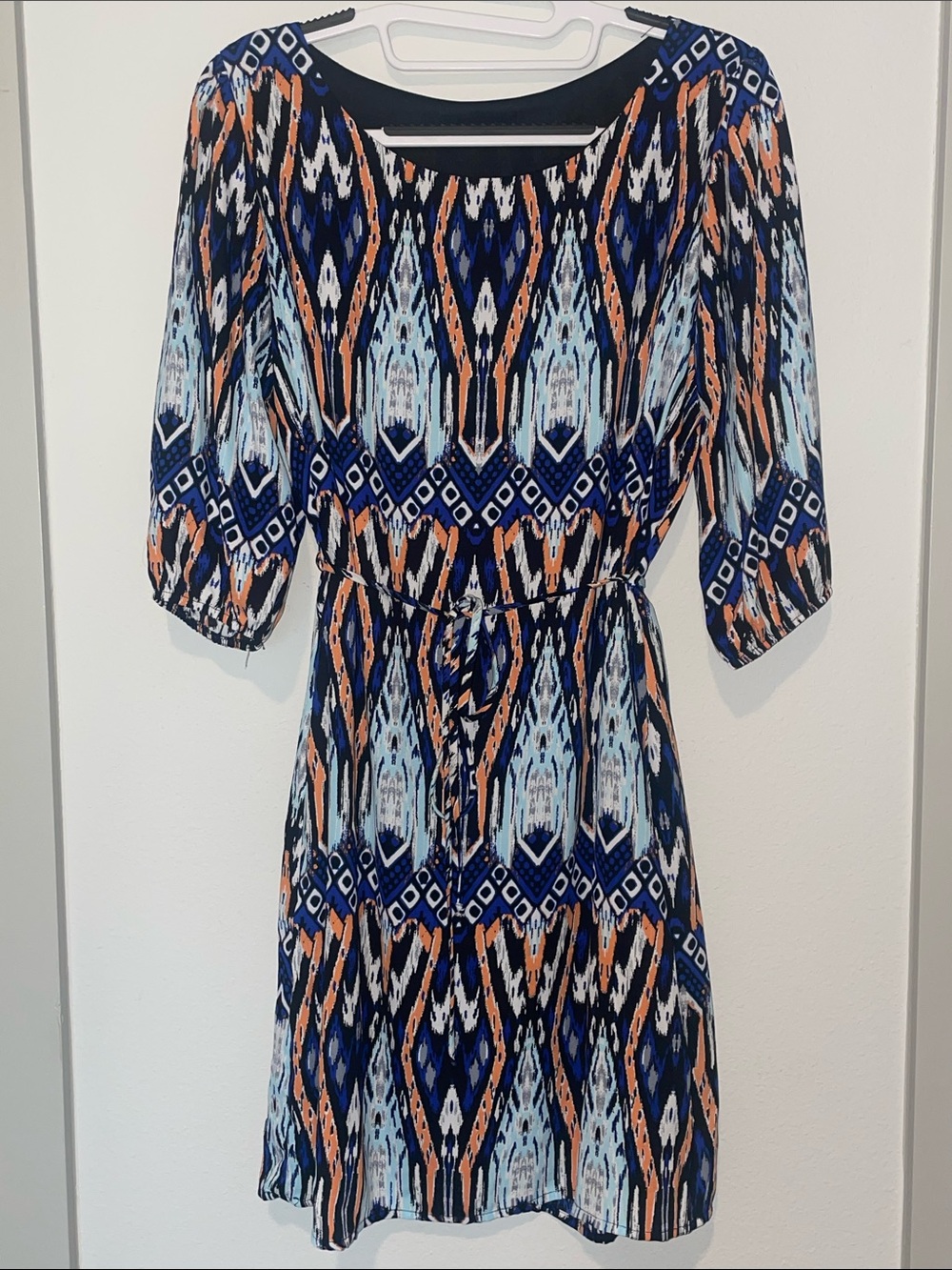 Francesca’s Multicolor Boho Ikat Print Tie-Waist Dress – Medium